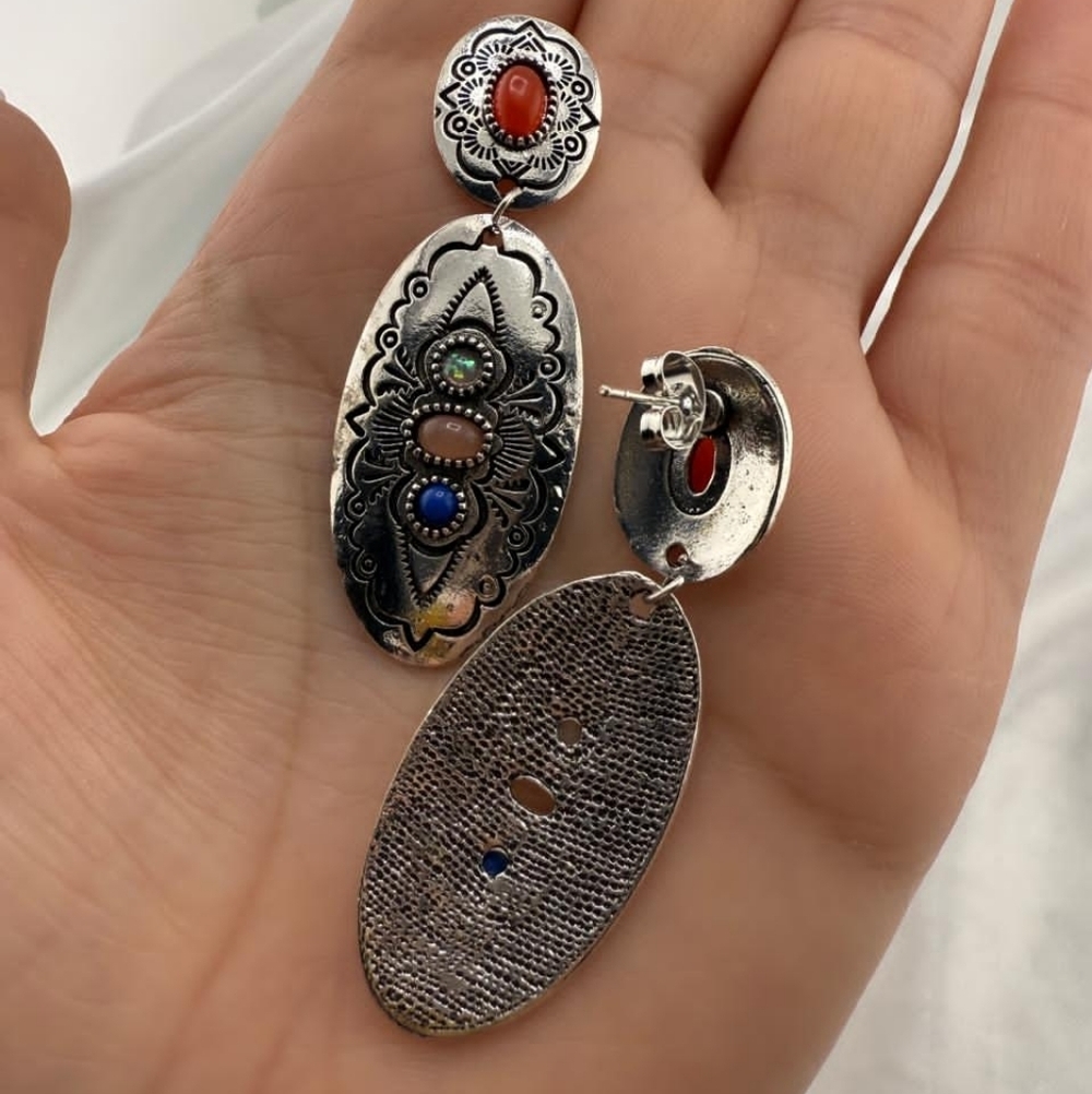 Vintage Bohemian Silver and Multicolor Stone Earrings